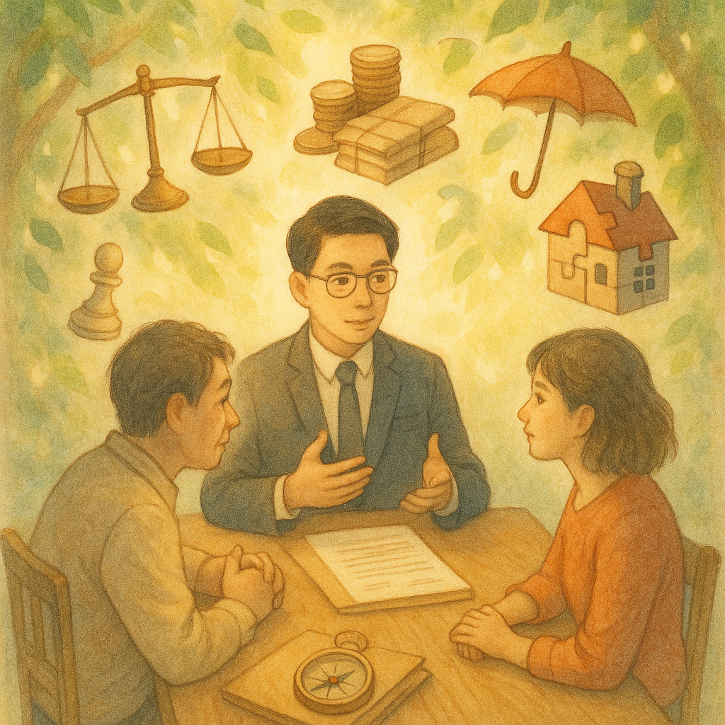 柔光日式奇幻手繪場景:台灣律師與兩位民眾在木桌討論,周圍漂浮天平、分割成拼圖的小屋、硬幣與卷宗、棋子與羅盤、雨傘象徵風險;自然光穿葉灑落,手繪質感溫暖奇幻。