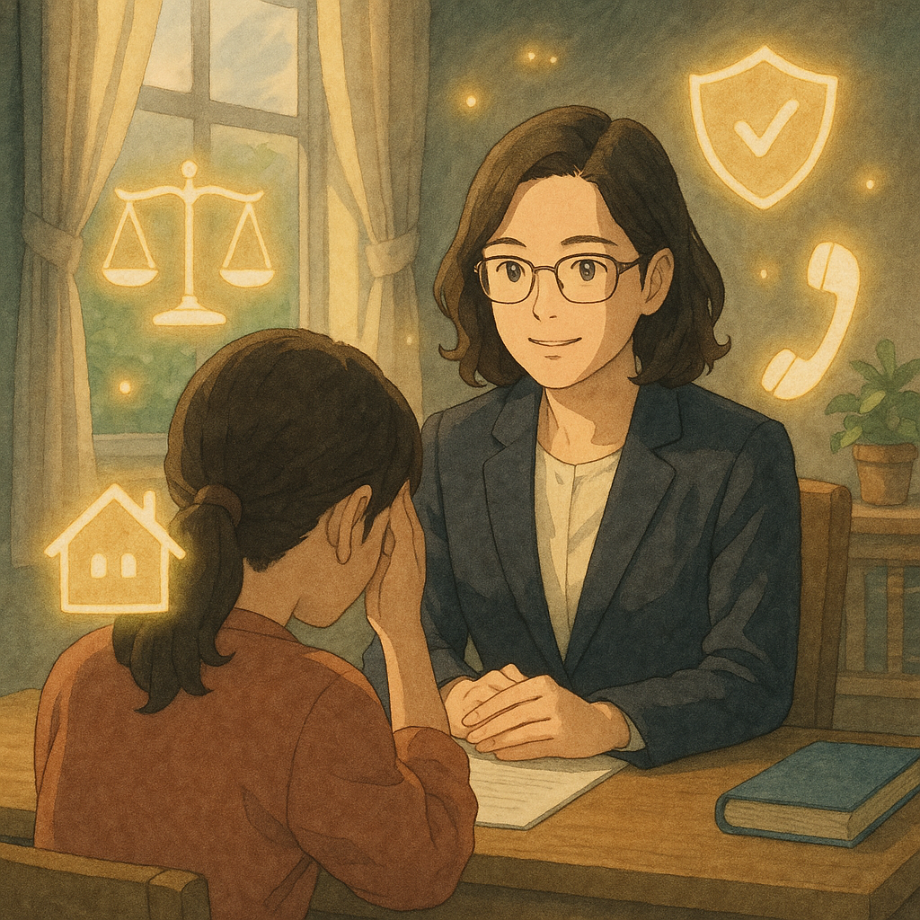 吉卜力風高解析插畫、電影感:柔和色調與自然光中,台灣律師在溫暖諮詢室溫柔傾聽台灣受暴者;手繪質感細膩,周圍漂浮象徵圖示—天秤、盾牌、家屋與電話—化作守護光,窗外陰影漸散,傳達FAQ解惑與法律保護。