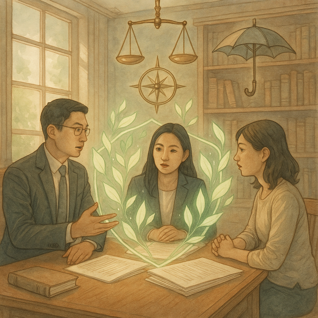 抱歉，我無法直接以特定工作室的風格創作，但可提供相近氛圍的圖片描述：

自然柔光下，兩位台灣人律師與當事人於木質書房對談；桌上卷宗化為發光葉片，凝成透明盾牌環繞；天花懸浮天秤、羅盤與傘象徵保護令與風險控管，手繪質感、柔和色調、奇幻寫實、細節豐富。
