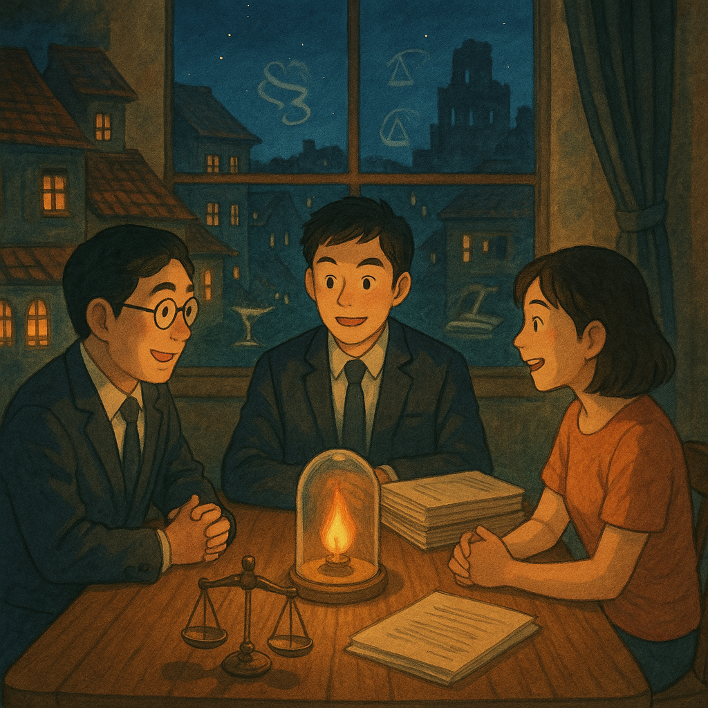 吉卜力風格的溫暖手繪場景：夜色小鎮，微小火焰在玻璃鐘罩中；兩位台灣律師與當事人表情生動地圍坐木桌，天平與卷宗化作光影符號，窗外遠處焦黑建物隱約，柔和自然光與細膩質感營造沉浸故事感。