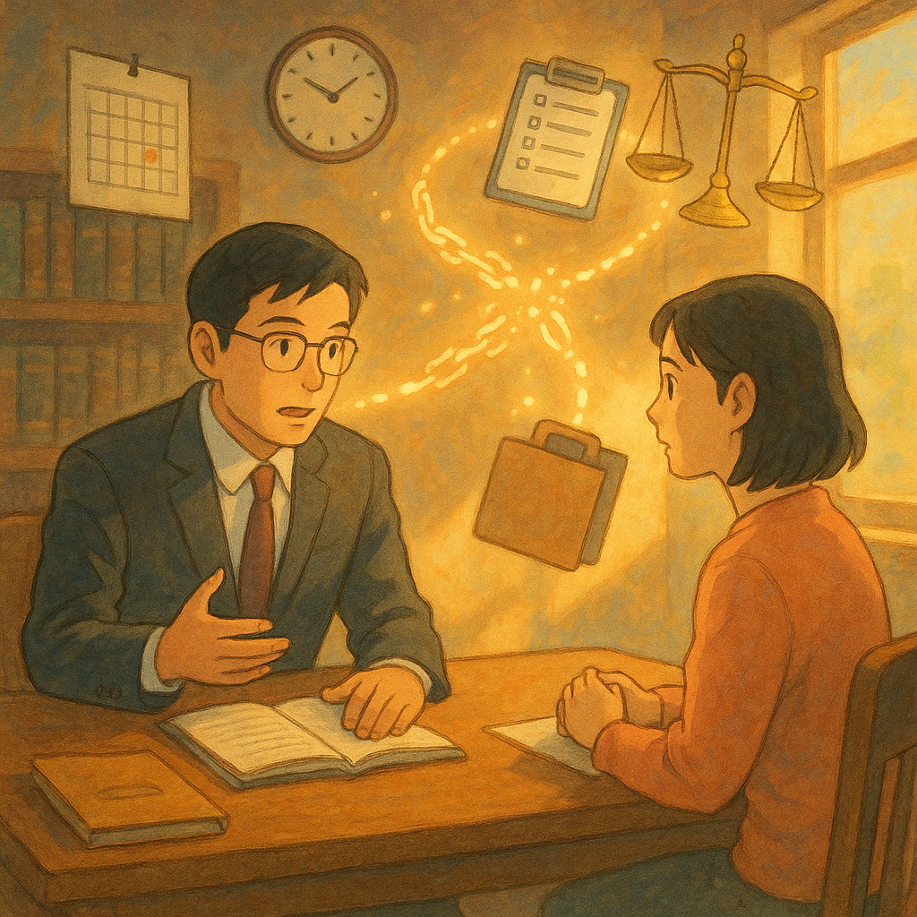 溫暖日光下的律師事務所，台灣律師與當事人專注對談；周圍漂浮日曆、時鐘、清單、文件夾與天秤，斷裂鎖鏈化作光點指引流程路徑，柔和手繪質感、吉卜力式奇幻氛圍，無文字。