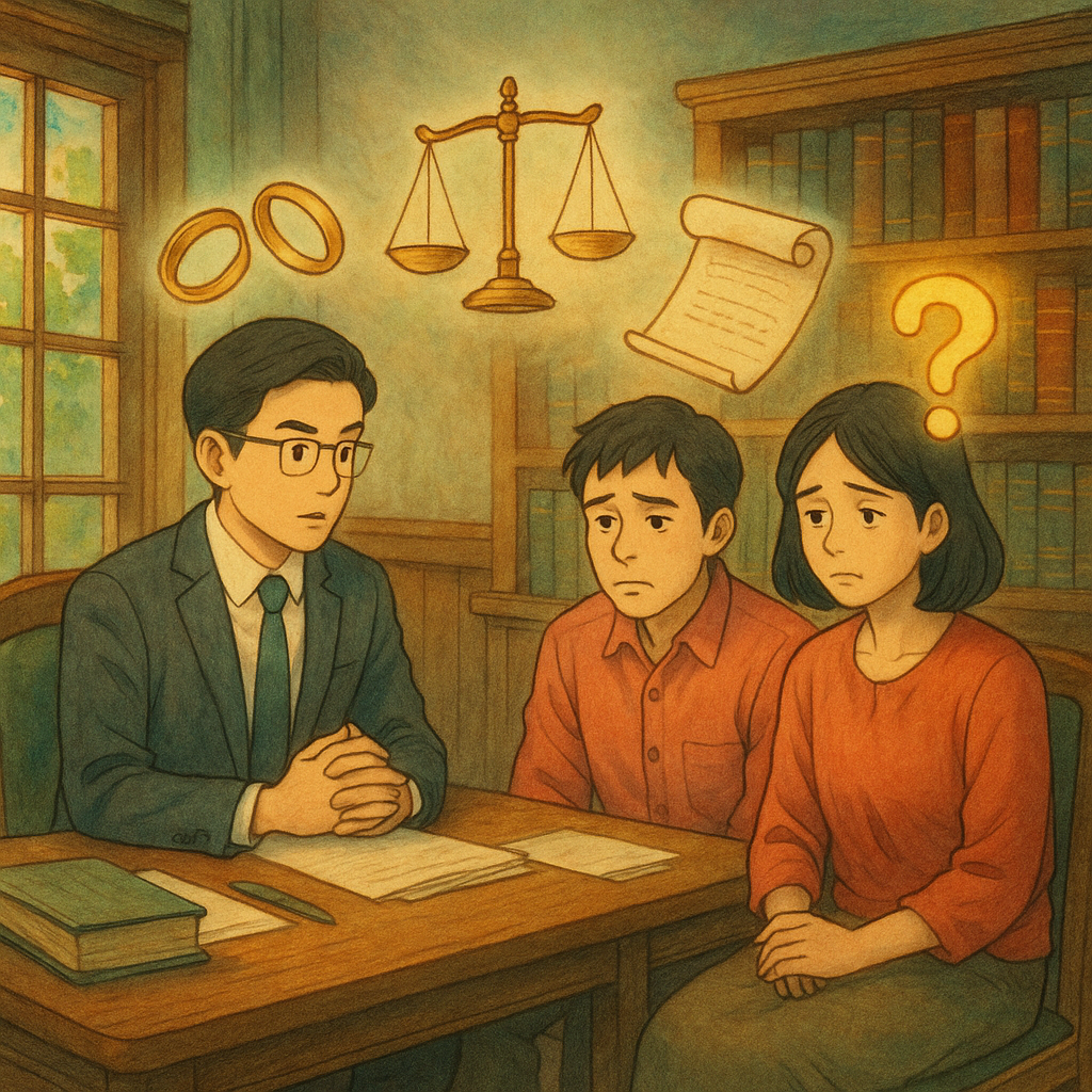 高解析、吉卜力式溫暖魔幻、電影感場景:木質事務所內,台灣律師與一對台灣人夫妻進行離婚諮詢、神情細膩;柔色自然光與手繪紋理。空中漂浮分開的戒指、天平、紙卷與發光問號,寓意常見問題;無文字。