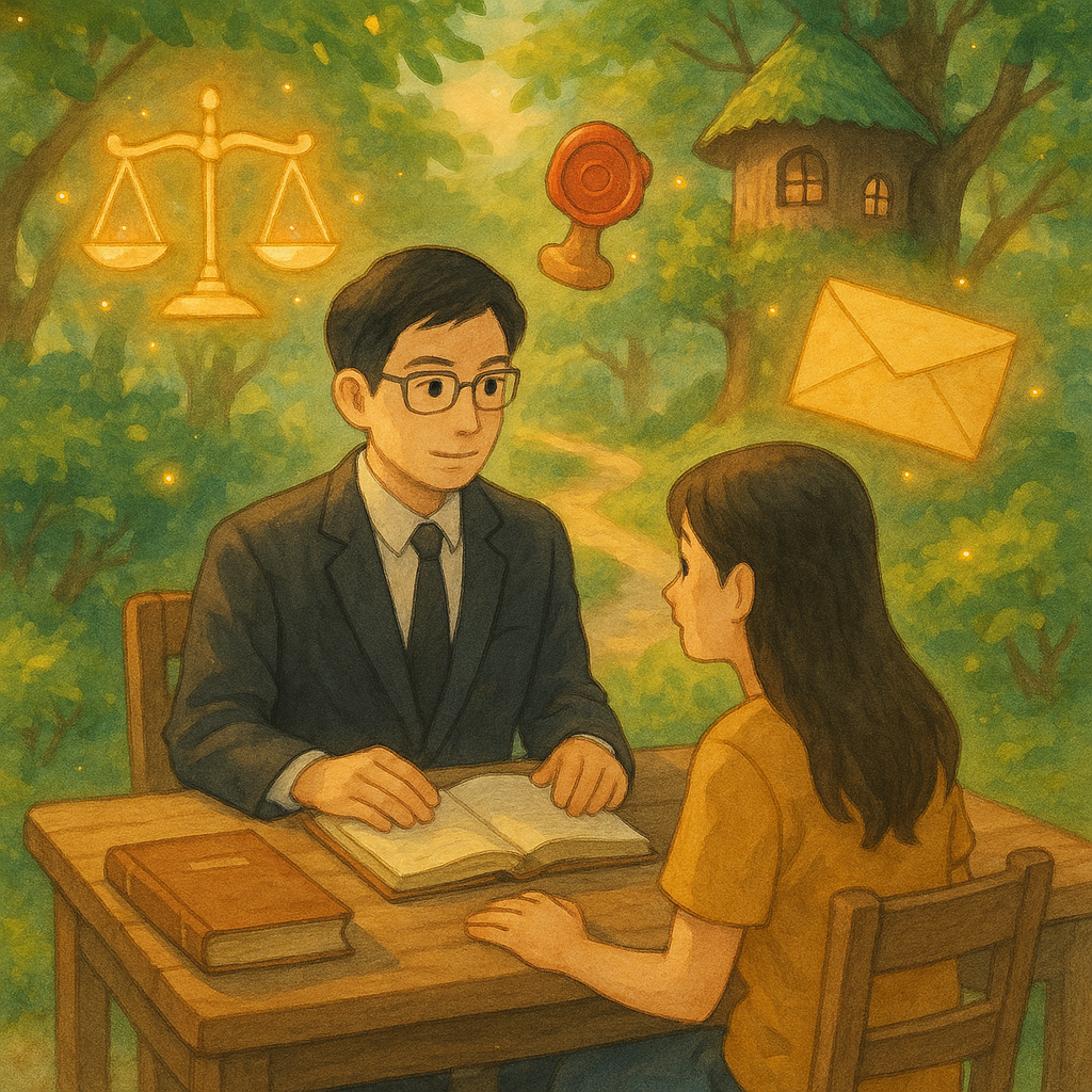 溫暖自然柔光下，台灣律師與民眾於木桌諮詢，吉卜力風的手繪質感與柔和色彩。周圍漂浮發光的天秤、公章、信封與卷宗，通往樹屋法院的小徑蜿蜒，微風拂動，童話般魔幻，暗示訴願流程與常見解答。