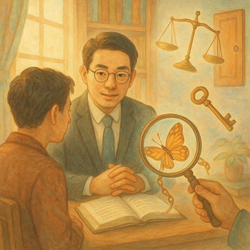 溫暖自然光下,台灣律師與民眾在木質書房諮詢、表情細膩;放大鏡映出鎖鏈化作蝶,天平、鑰匙與打開的門漂浮;手繪質感、柔色奇幻,寓意妨害自由風險與實務解析,無文字。