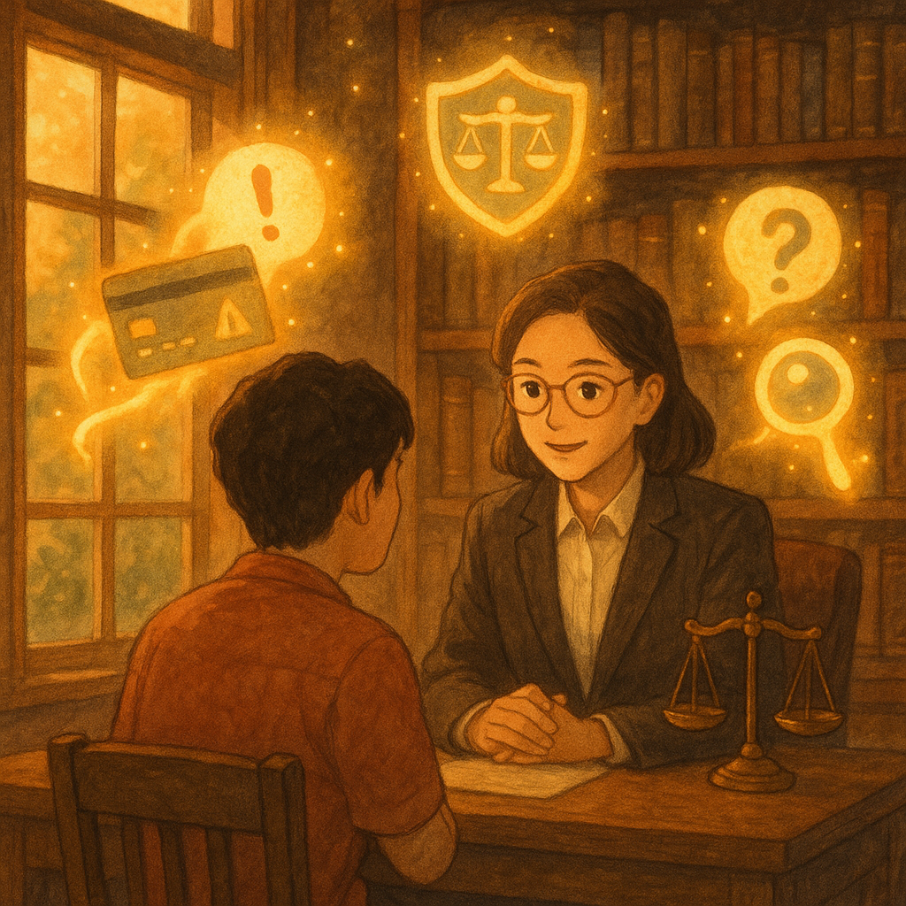 暖色系手繪場景:台灣律師在木質書房溫柔諮詢一位台灣當事人,窗外金色微光。周圍漂浮象徵:帶警示符號的銀行卡、盾牌與天平、放大鏡與問號泡泡,化作發光精靈。細膩筆觸、吉卜力式奇幻、電影感構圖、無文字。