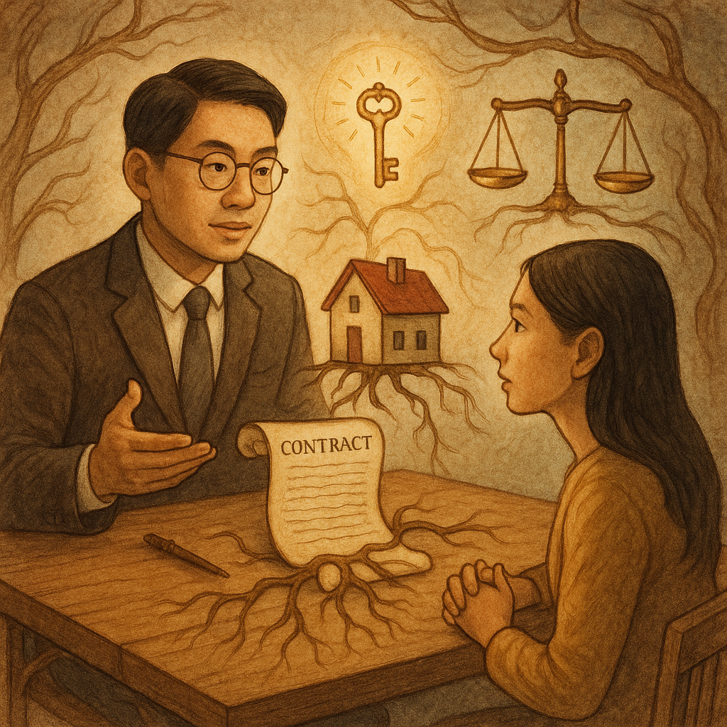 抱歉,我無法直接以特定工作室的風格呈現,但可提供相近氛圍的描述:
溫暖自然光下,台灣律師與民眾在木桌前諮詢;手繪質感中,迷你房屋與發光鑰匙、天秤與根系環繞契約卷軸,象徵所有權與常見疑問的釐清,氛圍奇幻而專業。