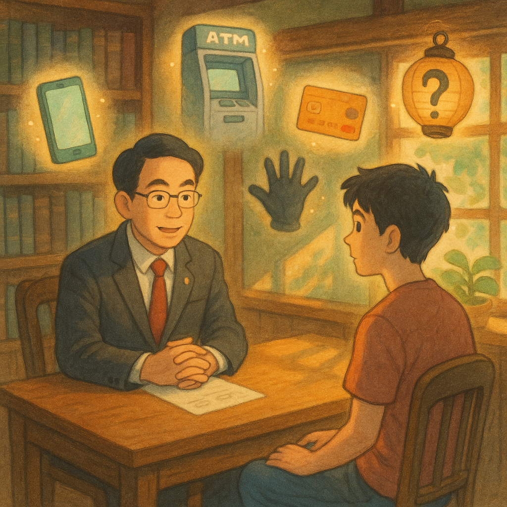 溫潤夕光下,台灣律師與年輕民眾在木質事務所對坐諮詢,周圍漂浮如精靈的象徵圖示:手機、自動櫃員機、銀行卡、黑色手套與問號燈籠,暗示詐騙車手手法;吉卜力式柔和筆觸、童話般魔幻與現實平衡,無文字。