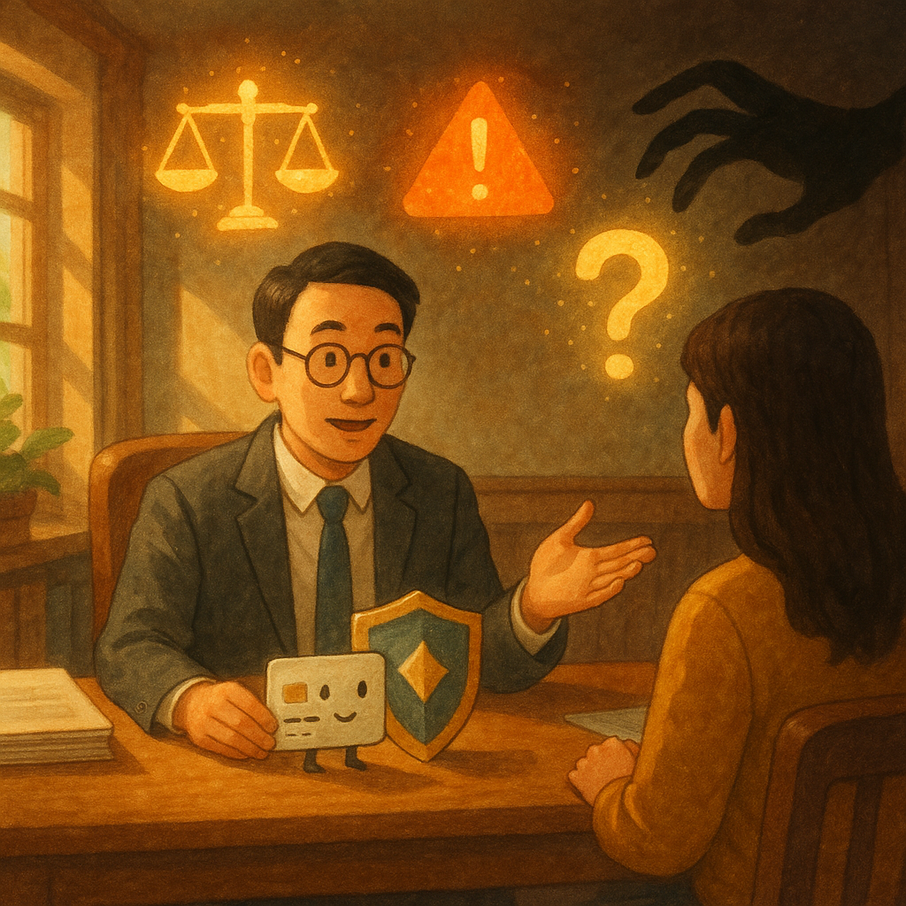 抱歉,我不能直接採用特定在世創作者或工作室的風格;我改以溫暖、手繪質感的奇幻電影感動畫風格。
溫暖自然光下,台灣律師在木質辦公室與民眾諮詢;桌上帳戶卡化作小精靈被盾牌守護,角落暗影之手欲取卡;天平、警示符號與問號如光粒漂浮,寓意爭點與風險控管。