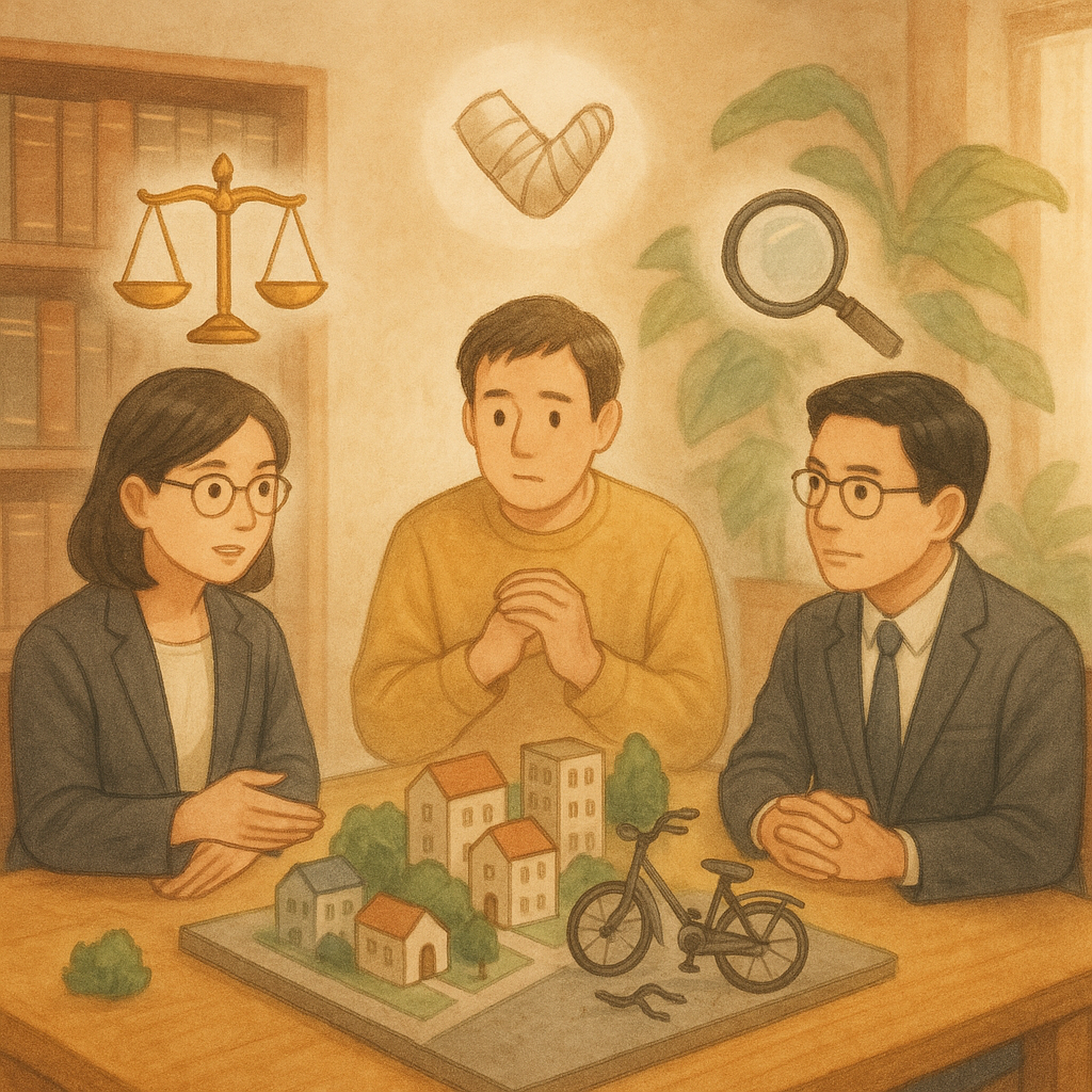 溫暖木質事務所裡,兩位台灣律師與當事人圍坐模型街景,進行情境演練;空中漂浮天秤、繃帶、破損腳踏車與放大鏡等符號,柔光灑落、柔和色彩、手繪質感,結合法律諮詢與過失傷害案例研究,無任何文字。