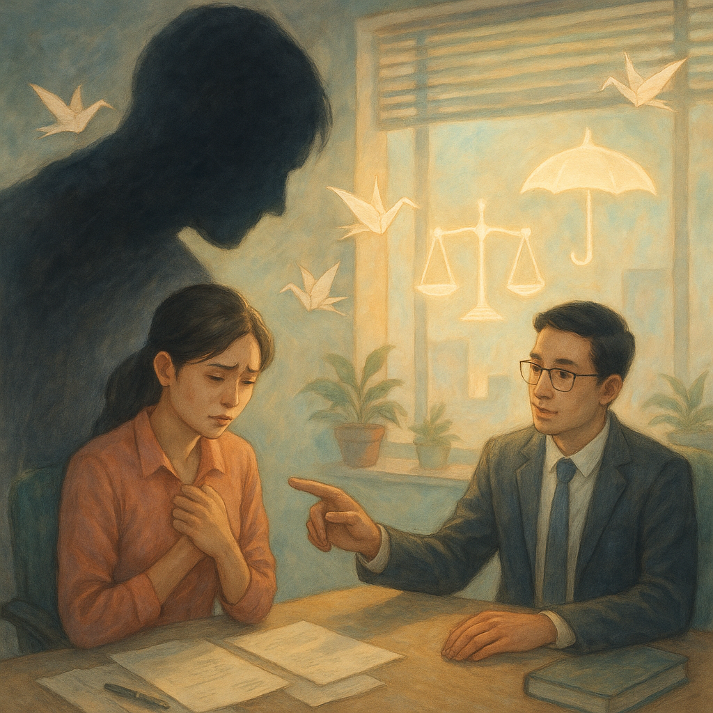 抱歉，我無法直接照搬特定工作室的風格，但可提供相近的溫柔奇幻手繪電影感視覺：
柔和色調、手繪質感的台灣辦公室：一名神情緊繃的台灣女性被巨大陰影壓迫，旁邊溫和的律師伸手指引；天光灑落，象徵性天秤與保護傘微光浮現，紙鶴環繞，奇幻電影感，無文字。