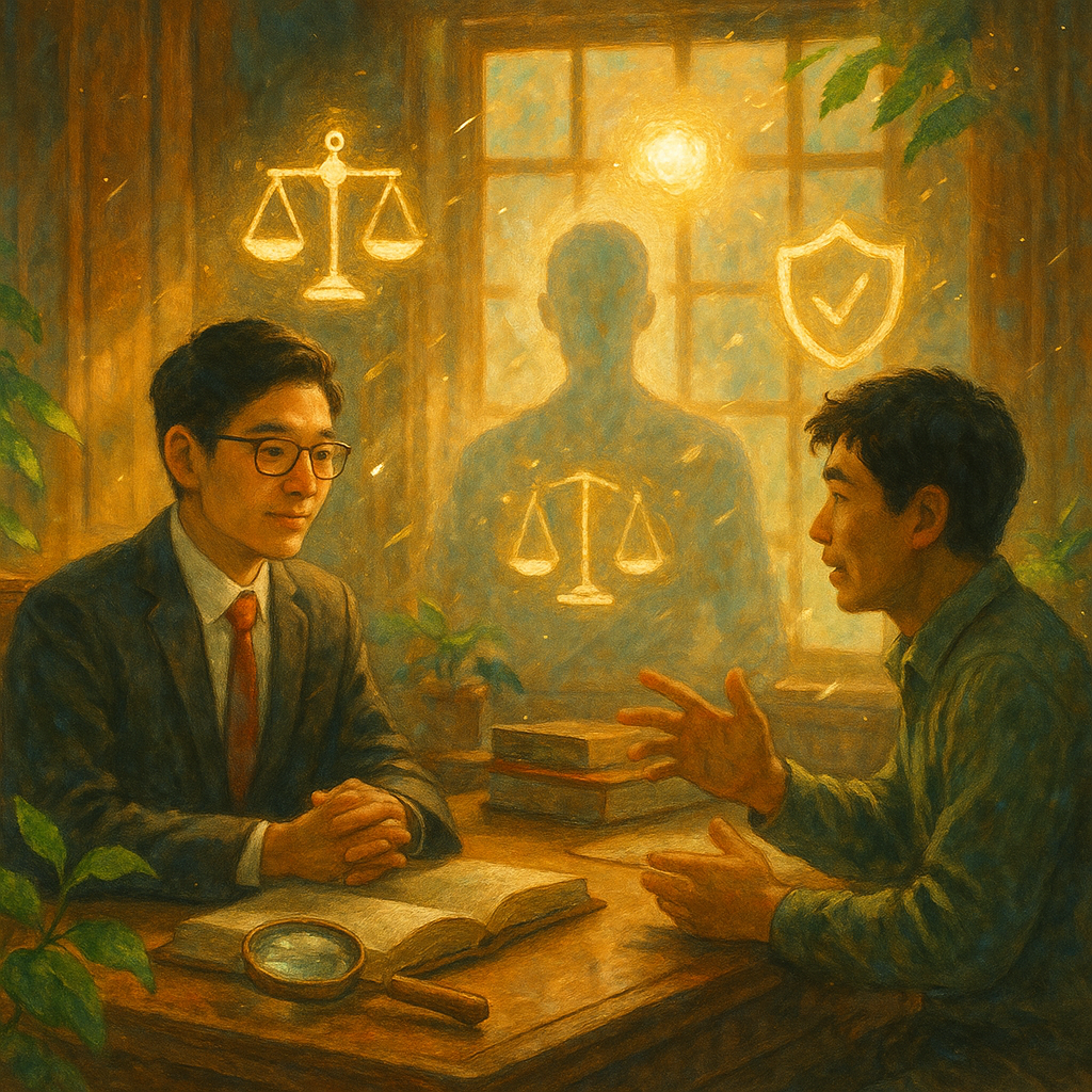 溫暖日光灑入木質律所，台灣律師與台灣委託人對談，旁有半透明第三者剪影形成三角構圖；天平、卷宗、放大鏡與盾牌等符號如精靈環繞與象徵解惑的光球，綠植微風與塵埃飛舞，吉卜力般手繪質感與魔幻氛圍，無任何文字。