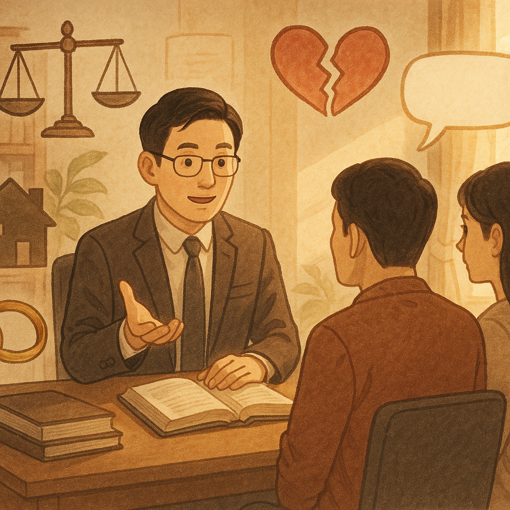 暖色自然光的律師事務所內,一位台灣律師與台灣夫妻溫和諮詢;周圍漂浮手繪天秤、斷裂愛心、交疊婚戒、家屋剪影與空白對話框,質感柔和、奇幻寫實,細節豐富,無文字。