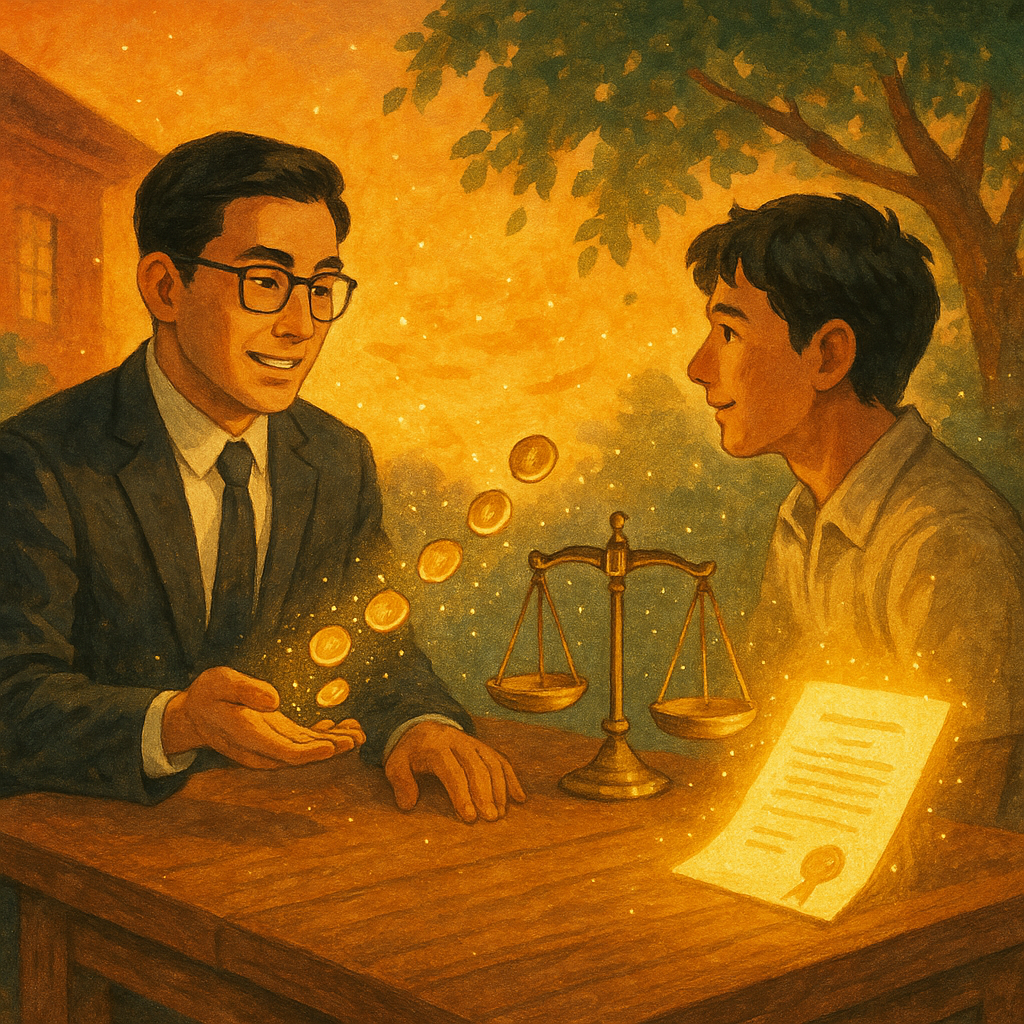 抱歉，我無法直接採用特定工作室的風格；以下提供相近的溫暖奇幻、手繪電影感描述：
暖色夕光下，台灣律師與當事人於木桌諮詢，天光化作金幣流轉，越過天平回流原主，旁有發光契約與榕樹影，手繪質感與微風粒子營造奇幻卻專業的法務氛圍，無文字。