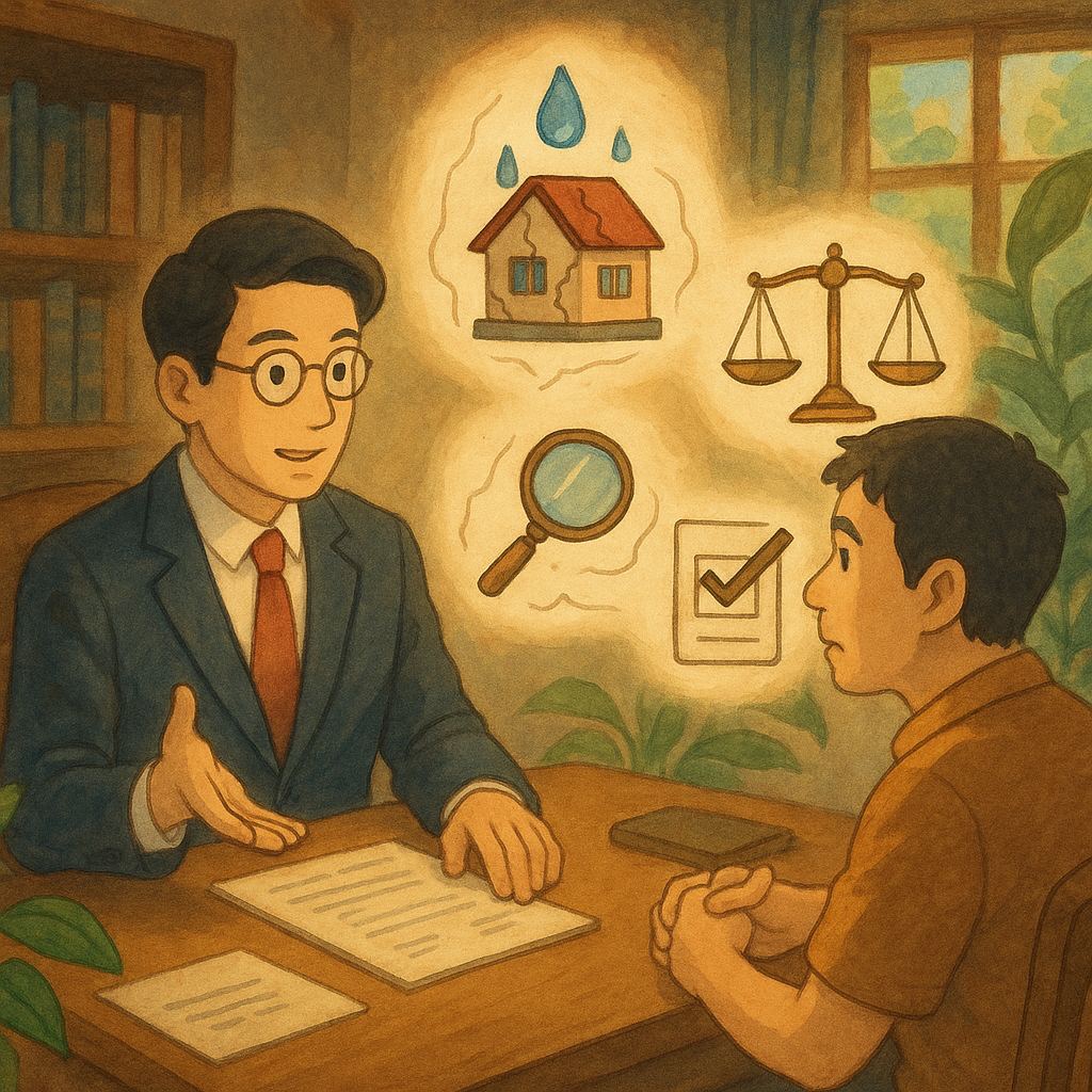 吉卜力風格下,台灣人律師與屋主在暖光事務所商談;桌上與空中環繞裂縫房屋、滲水水滴、天平與放大鏡、勾選清單等象徵圖示,柔和色調與手繪質感,綠植輕擺,奇幻溫馨,畫面與文件均無文字。