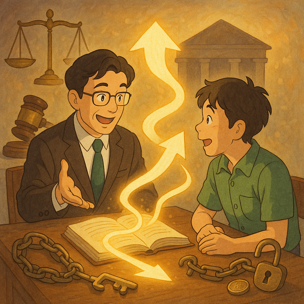 吉卜力風格高解析度暖色微幻場景：台灣律師與當事人諮詢，表情豐富，柔和自然光與手繪質感；天平、法槌與法院剪影環繞，卷宗化作發光路徑與指引箭頭，鎖鏈解開露出鑰匙與硬幣，無文字。
