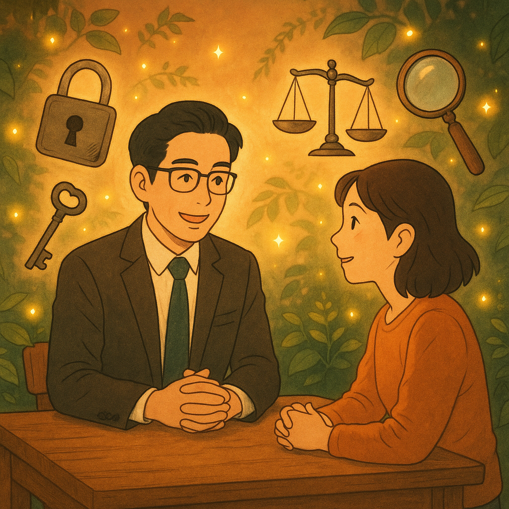 溫暖夕光下，台灣律師與民眾在木桌對談、表情溫暖，周圍漂浮鎖頭、鑰匙、天秤與放大鏡等象徵竊盜與諮詢的手繪圖像，柔和植栽與微光精靈環繞，吉卜力風高解析插畫質感，現實與奇幻平衡，無文字。