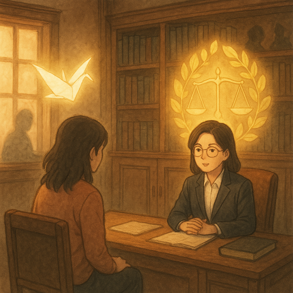 柔光下的木質辦公室，台灣律師與受職場霸凌的上班族對坐諮詢；天光化作發光紙鶴與樹葉凝成盾牌與天平，角落朦朧身影低語，手繪質感、吉卜力般溫暖奇幻，無文字。