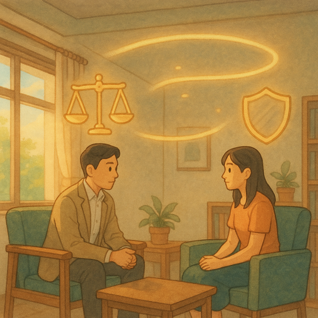 抱歉，我無法直接使用特定工作室風格；以下為相近手繪動畫美學描述。
柔和色彩的溫暖手繪動畫風：午後自然光灑入諮商室，兩位台灣人（律師與當事人）對坐交流；天花板飄浮天平、盾牌與界線光帶，微妙魔法感象徵性騷擾案件結論與實務建議，無文字。