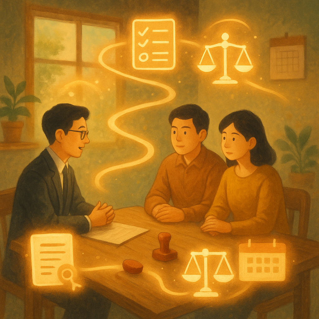 抱歉,我無法直接仿特定工作室的風格;以下為泛奇幻動畫風描述:
柔和自然光下,台灣人律師與一對台灣人夫妻在木桌諮商;手繪質感的文件、清單、印章、日曆與天平化作發光圖示盤旋,蜿蜒步道指引離婚流程,溫暖奇幻且無文字。