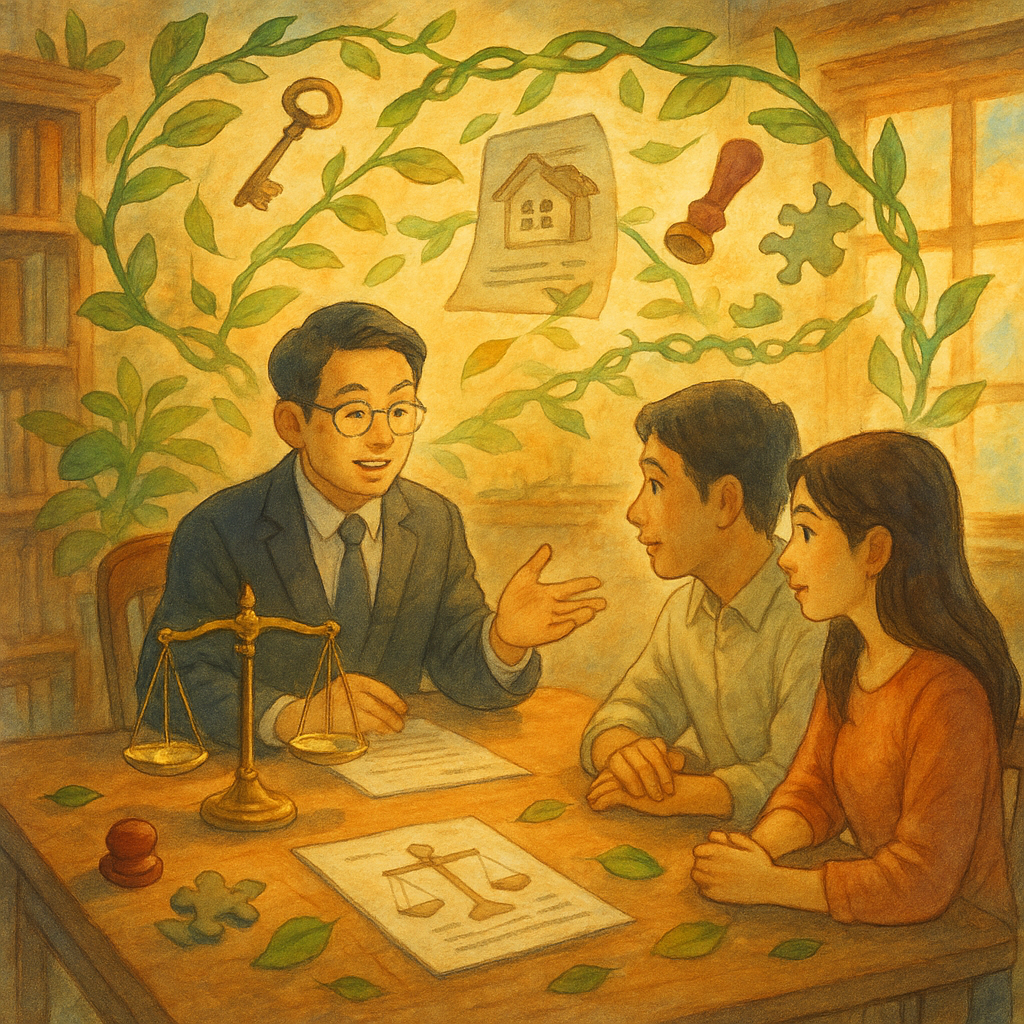 溫暖晨光下的木質法律事務所，吉卜力式柔和筆觸。台灣律師與年輕夫妻圍桌討論，桌上天平微光搖晃，漂浮的鑰匙、房屋卷宗、印章與拼圖化作葉片環繞，鎖鍊轉為藤蔓象徵所有權保障與疑難解答，整體魔幻而寫實、無文字。