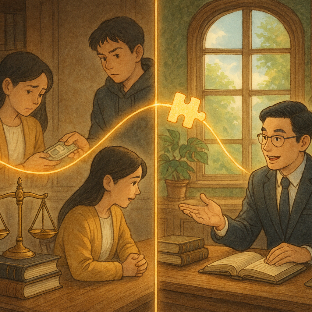 吉卜力風法務事務所內，台灣律師與當事人於木桌前對談；畫面一分為二，左側呈協助行為導致犯罪的案例場景，右側為及時勸阻的對照。天秤、發光絲線與拼圖象徵責任連結，柔和自然光、手繪質感，溫暖魔幻，無文字。