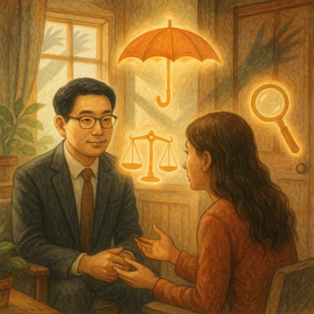 柔和日光灑入木質諮商室,台灣人律師溫和傾聽成年女性當事人;周圍漂浮發光的天秤、雨傘與放大鏡化作守護屏障,驅散門外淡灰手影,手繪質感溫暖奇幻,細節豐富、寫實與幻想平衡。