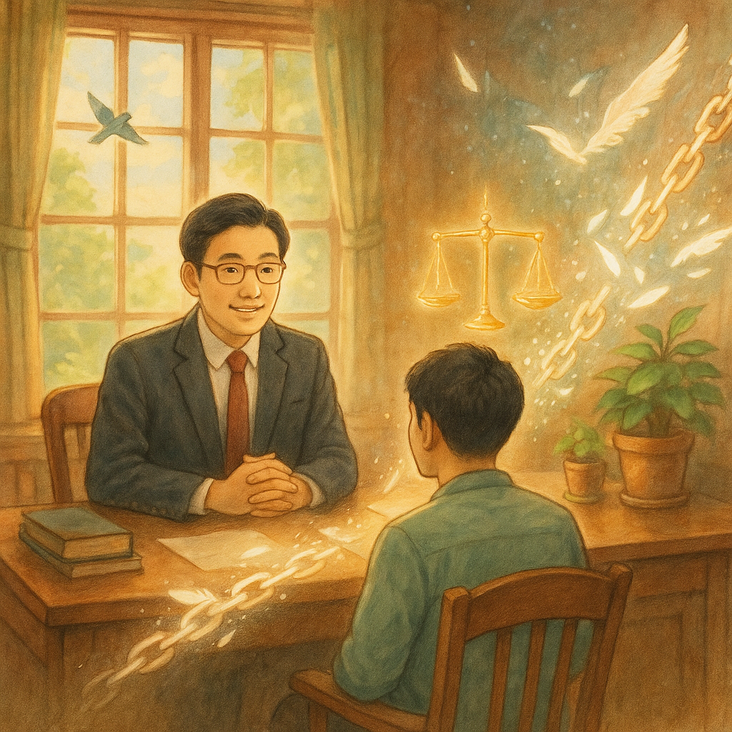 溫暖陽光灑落的木質事務所內，台灣人律師與民眾對坐諮詢；半透明鎖鏈化作光羽飛散，象徵妨害自由的解除。天秤微光漂浮，窗外小鳥掠過，柔色手繪與自然光交織，吉卜力式魔幻寫實氛圍，無文字。