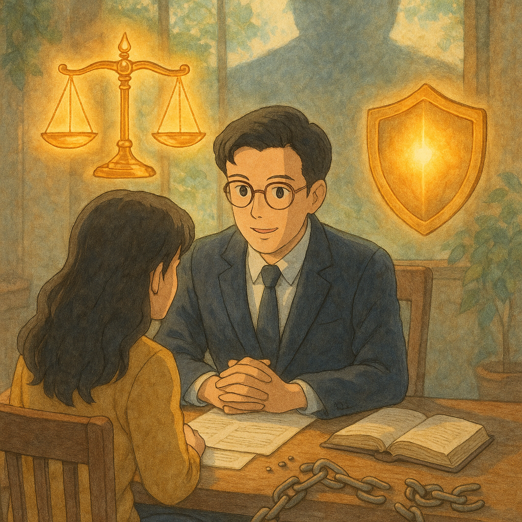 吉卜力風格高解析插畫:台灣律師與當事人在溫暖自然光下諮詢,發光天秤與盾牌環繞,地上散落斷裂鎖鏈;遠處巨大模糊身影象徵權勢壓力,細膩手繪紋理,奇幻又沉靜,無文字。