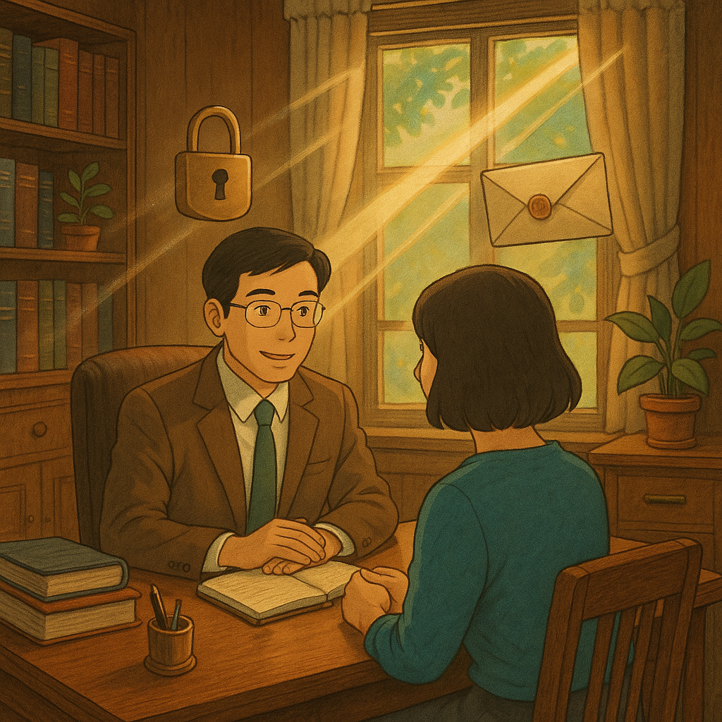 吉卜力風高解析插畫:溫暖木質事務所內,台灣人律師溫柔諮詢民眾;窗外自然柔光灑入,空中漂浮鎖與信封、遮蔽窗簾與光帶,象徵妨害秘密與保護;細膩手繪質感,無文字。