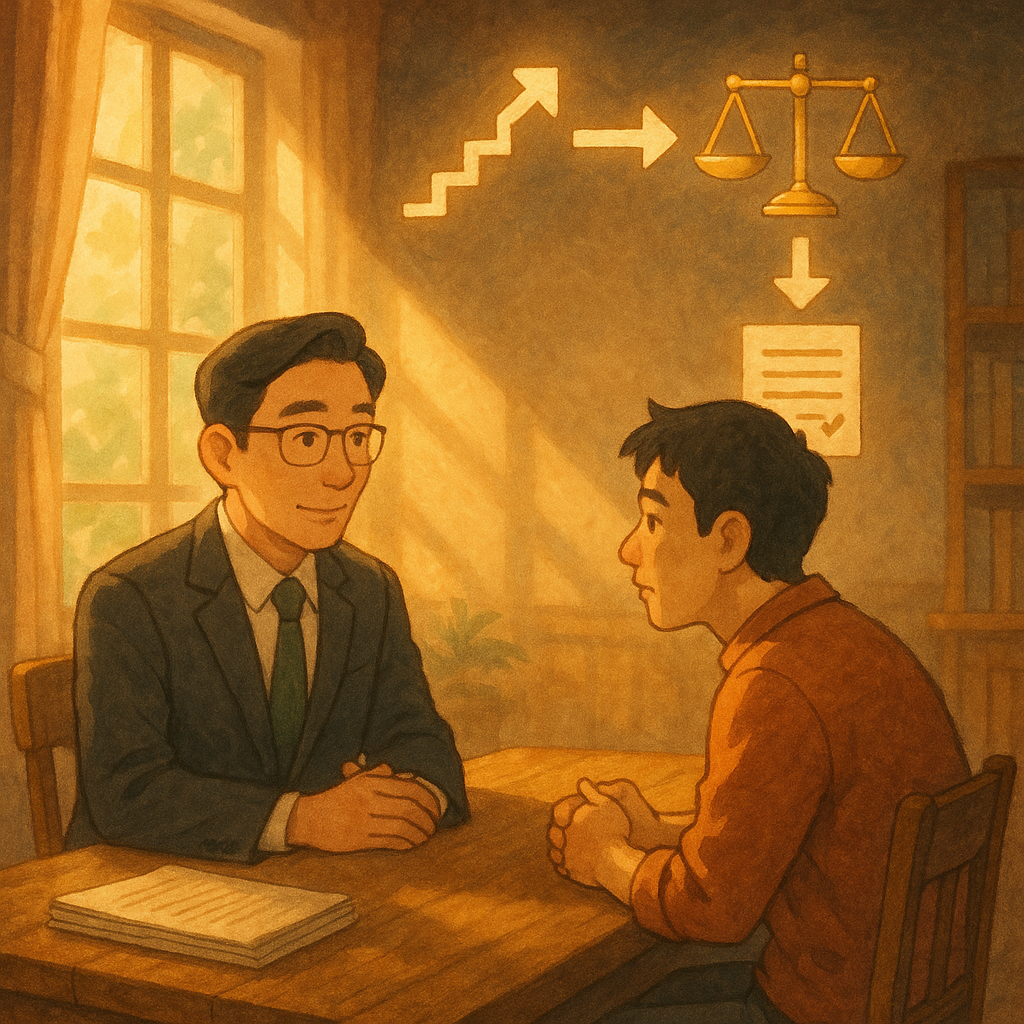 奇幻溫暖、電影感的手繪動畫風場景：台灣律師與當事人對坐於木桌，柔光灑落。空中漂浮象徵上訴流程的箭頭與階梯、天秤、文件與核對清單圖示，串成無字流程圖，暗含自我檢核節奏。