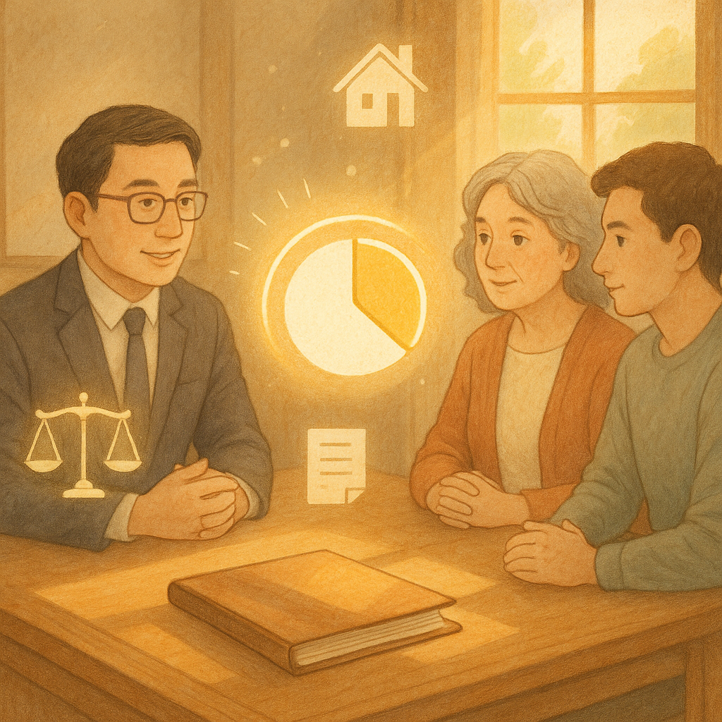暖陽灑入木質事務所,台灣律師與家屬溫和對談;半透明發光圓餅象徵遺產分配,其中一角被金色護光環守護為特留分;桌上合攏資料夾暗示定案,周圍漂浮天秤、家屋與文件圖示,細膩手繪質感溫柔奇幻。