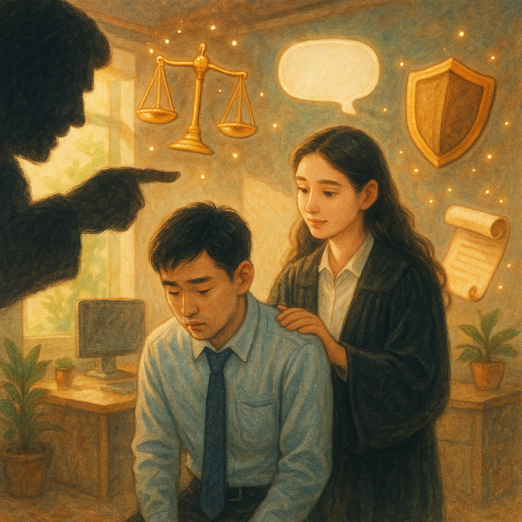 柔和自然光下,台灣上班族被上司陰影指指點點而低頭,旁有台灣女律師溫柔陪伴;手繪質感的溫暖奇幻辦公室裡,漂浮天平、盾牌與空白對話雲、檔案卷軸化作光點,引導常見疑問與法律諮詢;整體無文字,細節豐富、電影感。