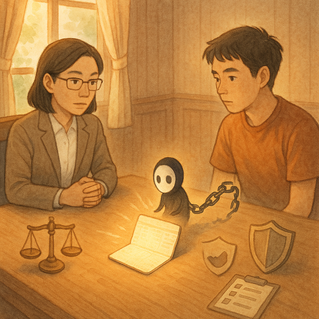 抱歉，我無法直接採用特定工作室的風格，但可提供相近的溫暖手繪、奇幻寫實視覺描述：
溫暖手繪風、柔和色調，日光灑入木質諮詢室；兩位台灣人（律師與年輕民眾）對坐，表情專注。桌上發光的存摺化作戴無臉面具的小影子被斷裂鎖鏈束縛，旁現天秤、盾牌與清單符號，象徵人頭帳戶風險與行動建議，無文字。