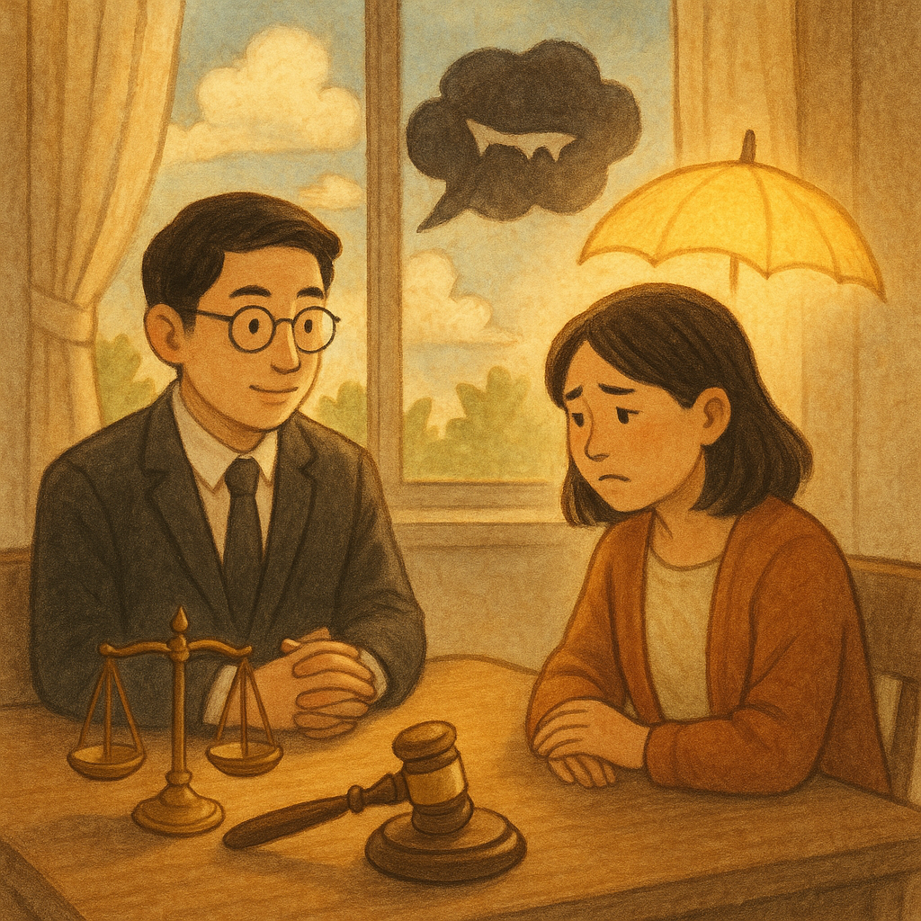 溫暖手繪場景：台灣律師與民眾在陽光灑落諮詢室對坐，桌上天平與法槌。兩人表情細膩，窗邊漂浮雲狀氣泡化作帶刺嘴形與陰影，象徵公然侮辱；發光雨傘守護當事人，柔色自然光與細膩質感營造奇幻故事氛圍，畫面無文字。