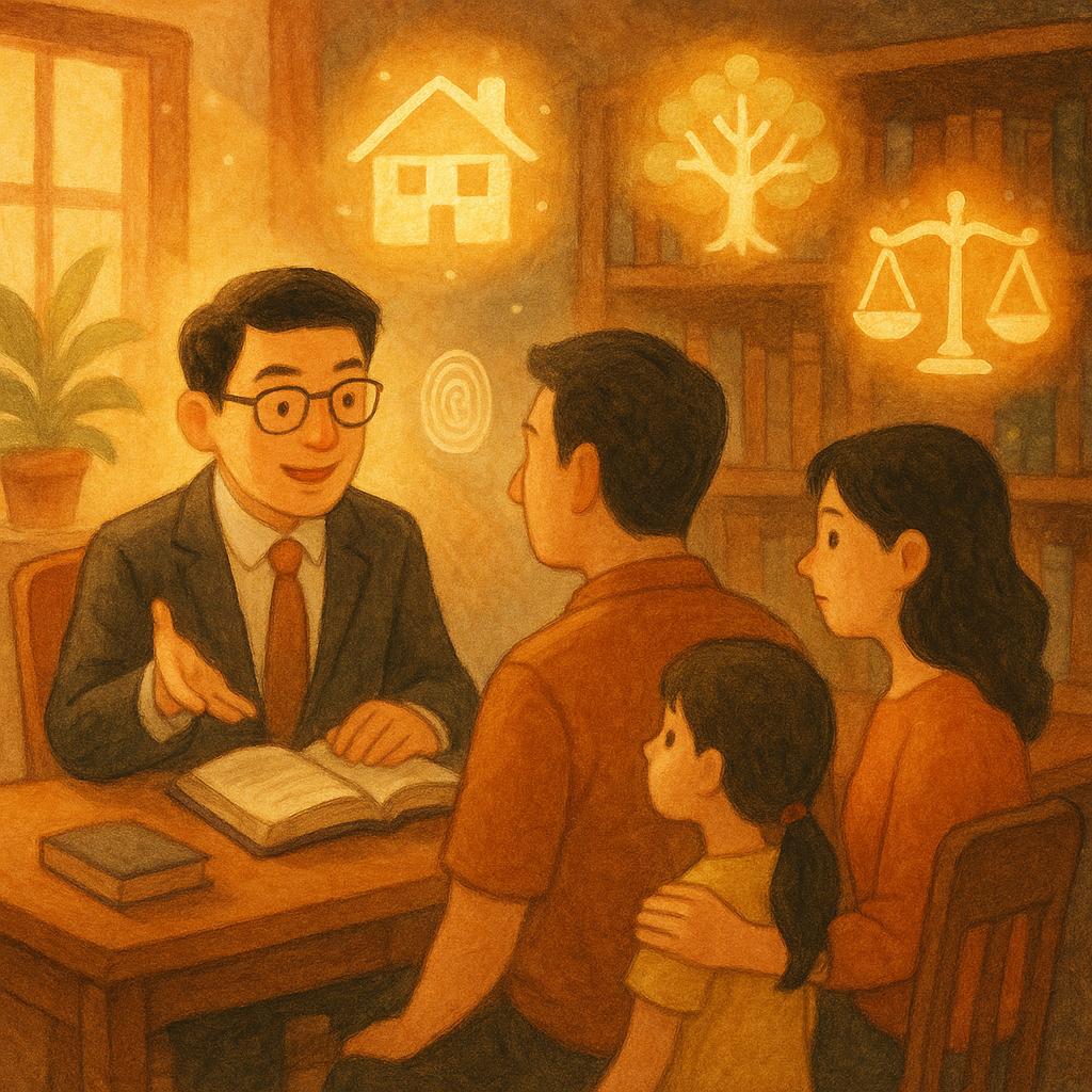 抱歉，我無法直接使用特定工作室風格；改以相近的溫暖奇幻手繪風呈現。

溫暖手繪質感的高解析插畫：台灣律師在木質書房諮詢台灣家庭，柔光灑落、色彩柔和；周圍漂浮象徵繼承的發光圖像——家屋、家族樹、天秤、指紋印章與鑰匙，魔幻而真實，畫面無文字。