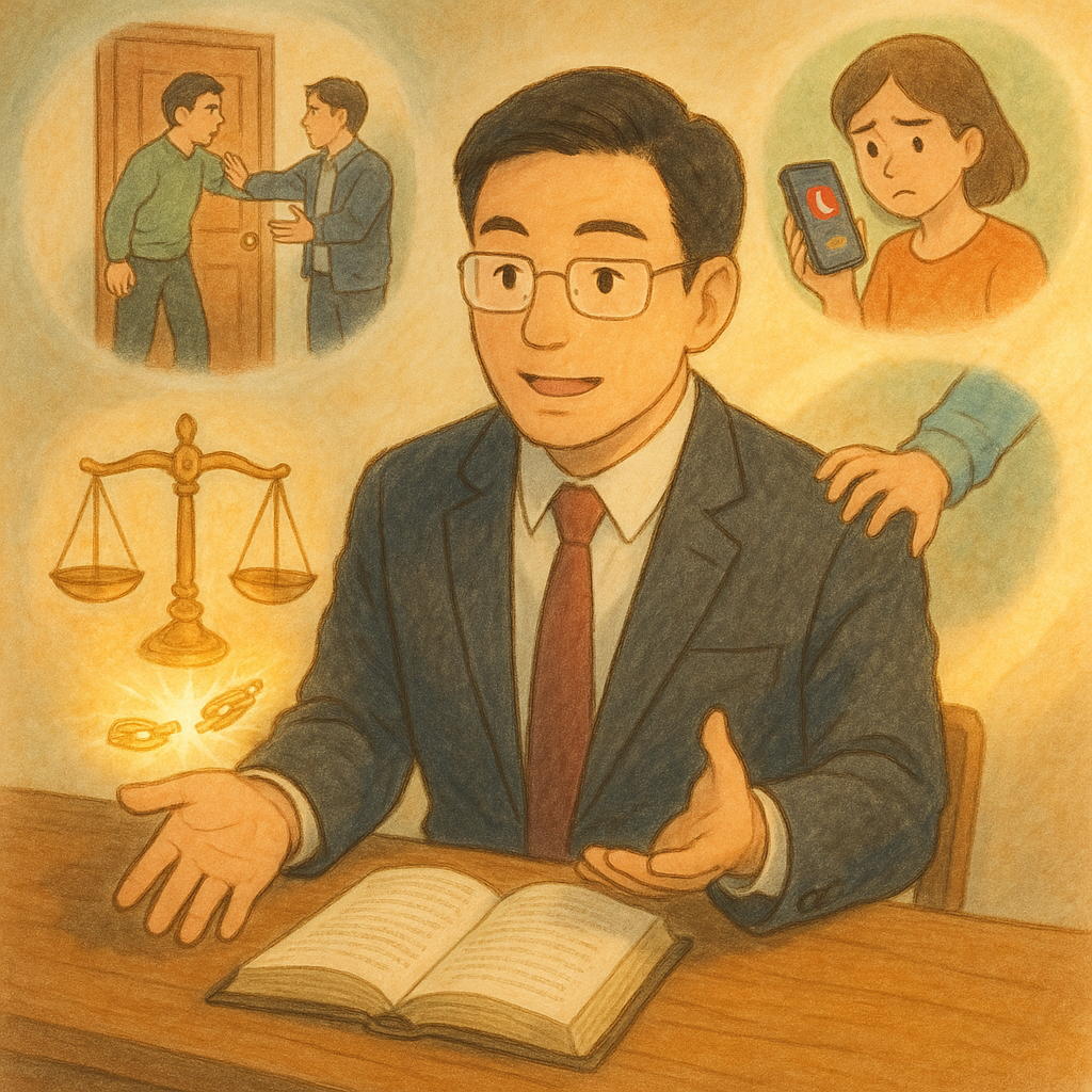 吉卜力般柔光插畫：台灣人律師在木桌前解說，周圍漂浮三個微型情境—門口受阻、手機被騷擾、被無形手拉扯—天秤與破鏈發光象徵強制罪判斷，暖色自然光、手繪質感、沉浸且富情感，無文字。