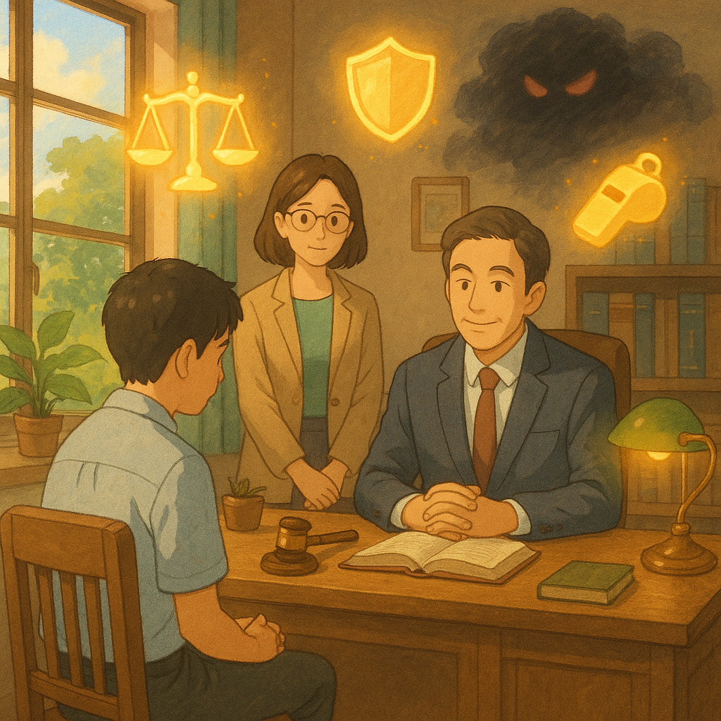 吉卜力風格的溫暖奇幻辦公室裡，一名台灣上班族在律師與同事陪伴下諮詢；窗邊自然光灑落，手繪質感柔和，天平、盾牌與哨子等發光符號環繞，遠處霸凌化為陰影雲霧，畫面無文字。