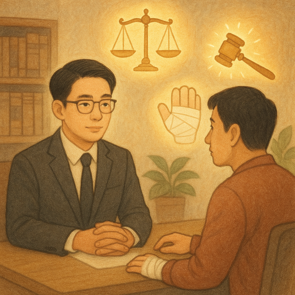 溫暖手繪風律師事務所內，台灣律師與當事人沉穩對談；柔光中漂浮的天秤、發光的法槌與繃帶手掌象徵傷害罪與結論，細膩自然質感，畫面無文字。