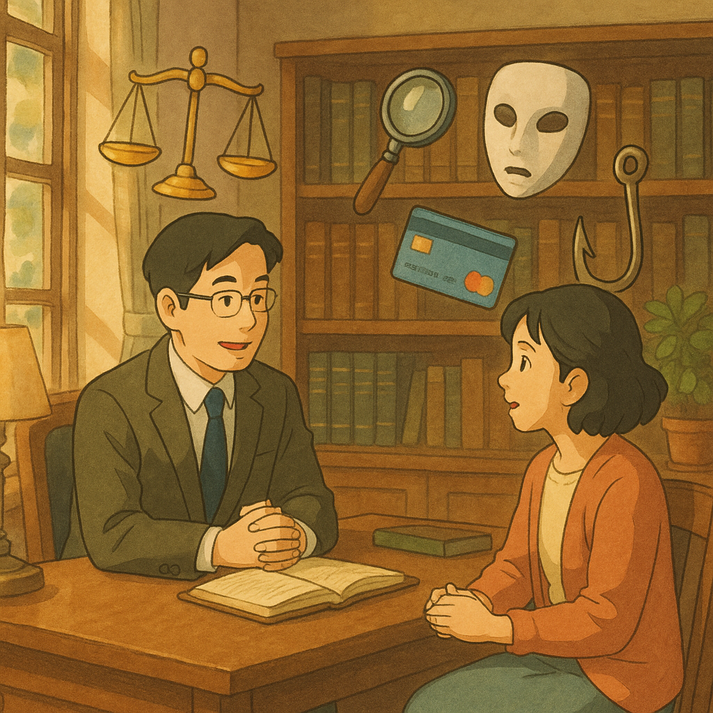 吉卜力式溫暖場景：木質律師事務所內，台灣律師與當事人對坐諮商；自然光灑入，柔和色調與手繪質感。周圍漂浮天平、放大鏡、面具、信用卡與漁鉤等象徵詐欺罪的圖像，無文字，現實與奇幻交織，表情生動。