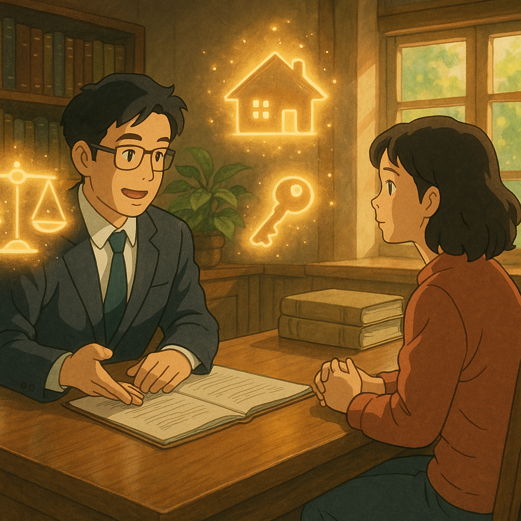 高解析吉卜力風電影感溫暖場景：台灣人律師與當事人於木質陽光辦公室討論所有權結論與建議，魔法般浮現天平、屋舍、鑰匙與卷宗圖示環繞，柔和自然光與手繪質感，沉浸、寫實與奇幻平衡，且無文字。
