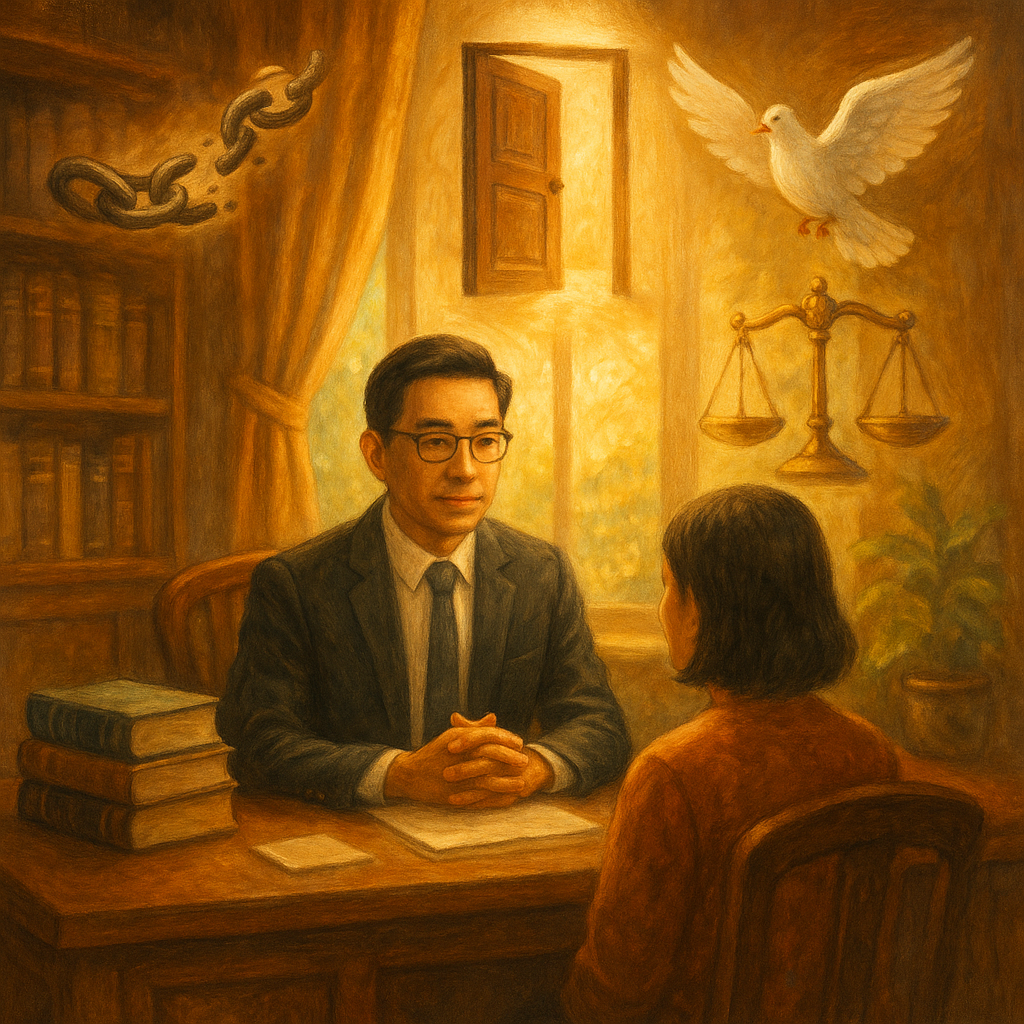 高解析度、溫暖手繪、電影感的奇幻場景:台灣人律師與民眾在木質書房諮詢,窗外金色自然光瀑灑入。桌邊漂浮細節豐富的象徵圖像——斷裂鎖鏈、打開的門、白鴿與天平、守護盾——隱喻妨害自由與解套的常見疑惑,無任何文字。
