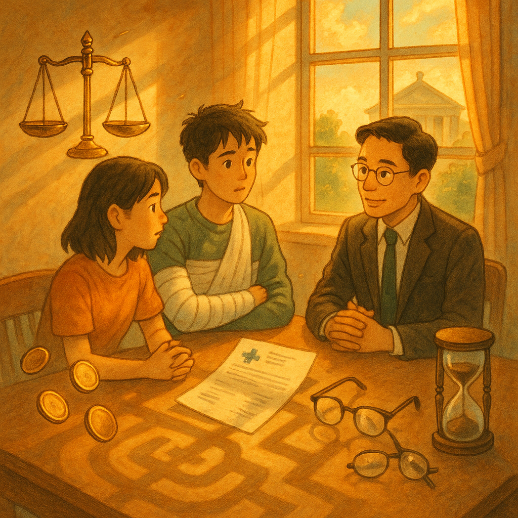 溫暖陽光灑入法律諮詢室,一位台灣律師溫和傾聽,兩名台灣年輕人一人肢體纏紗布。桌上天秤與銅幣、醫療單、破碎眼鏡與計時沙漏漂浮,地上映出迷宮光影,窗外隱約法院剪影,吉卜力式手繪魔幻柔暖色氛圍,無文字。