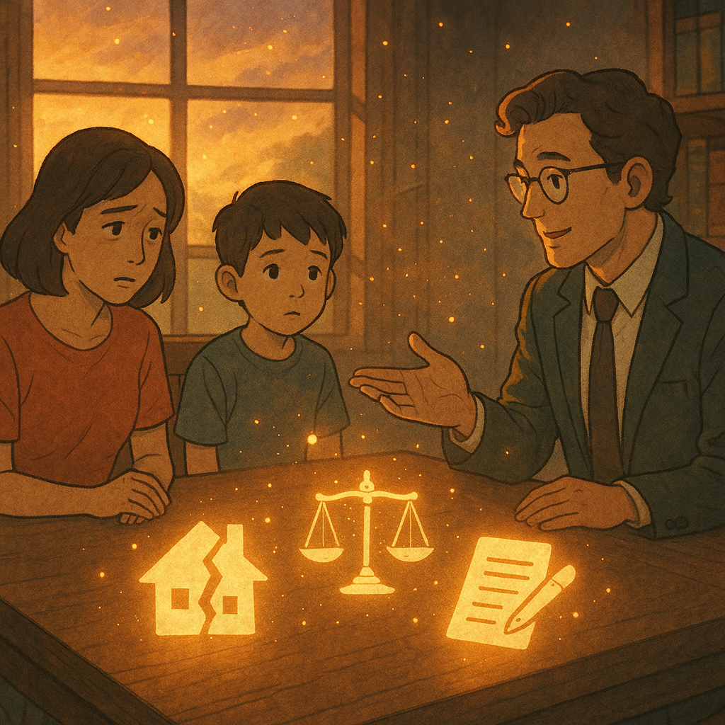 抱歉,我無法直接使用特定工作室的風格,但可提供奇幻電影感的手繪動畫風格描述:
黃昏下的律師事務所裡,台灣家庭三口相對而坐,桌面浮現斷裂的家屋剪影、天秤與合約符號。柔和自然光灑落,手繪質感與微微魔幻光粒環繞,律師溫柔指引,情感糾結卻暖意仍在,無任何文字。