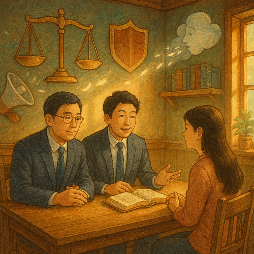 高解析、吉卜力式溫潤手繪風中，兩位台灣人律師與當事人於陽光木質事務所對談；天秤與盾牌環繞，破碎擴音器與耳語雲化作微光羽片散開，柔和自然光與細膩紋理營造奇幻而安心的法律諮詢氛圍。