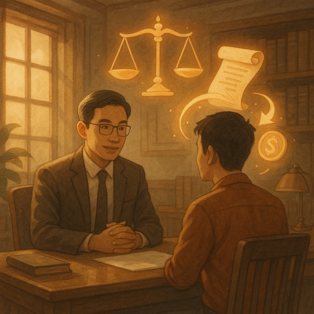 抱歉,我不能直接仿照特定工作室的風格;以下是具有相近氛圍的圖片描述:
暖陽灑落木質事務所內,台灣律師與當事人諮商;空中浮現天秤、合約卷軸與發光錢幣逆流回原主的象徵,手繪質感柔和、自然光與奇幻氛圍兼具電影感,畫面無文字。