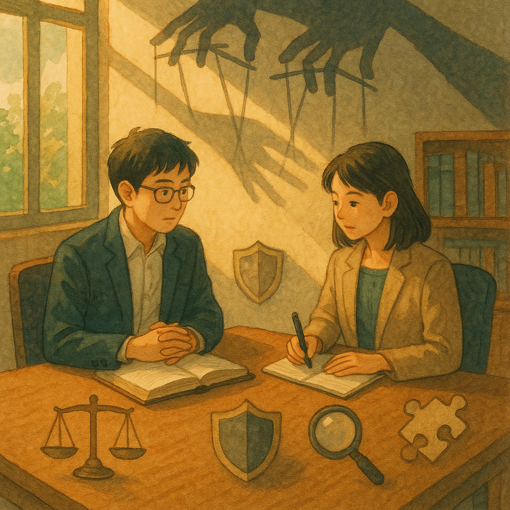 吉卜力風手繪質感插畫：溫暖自然光下，兩位台灣專業人士在會議桌進行法律諮詢；窗外陰影化為隱形線操控辦公場景，象徵職場PUA。桌邊浮現天秤、盾牌、放大鏡與拼圖等圖示，寓意案例分析與應對策略；畫面無文字。