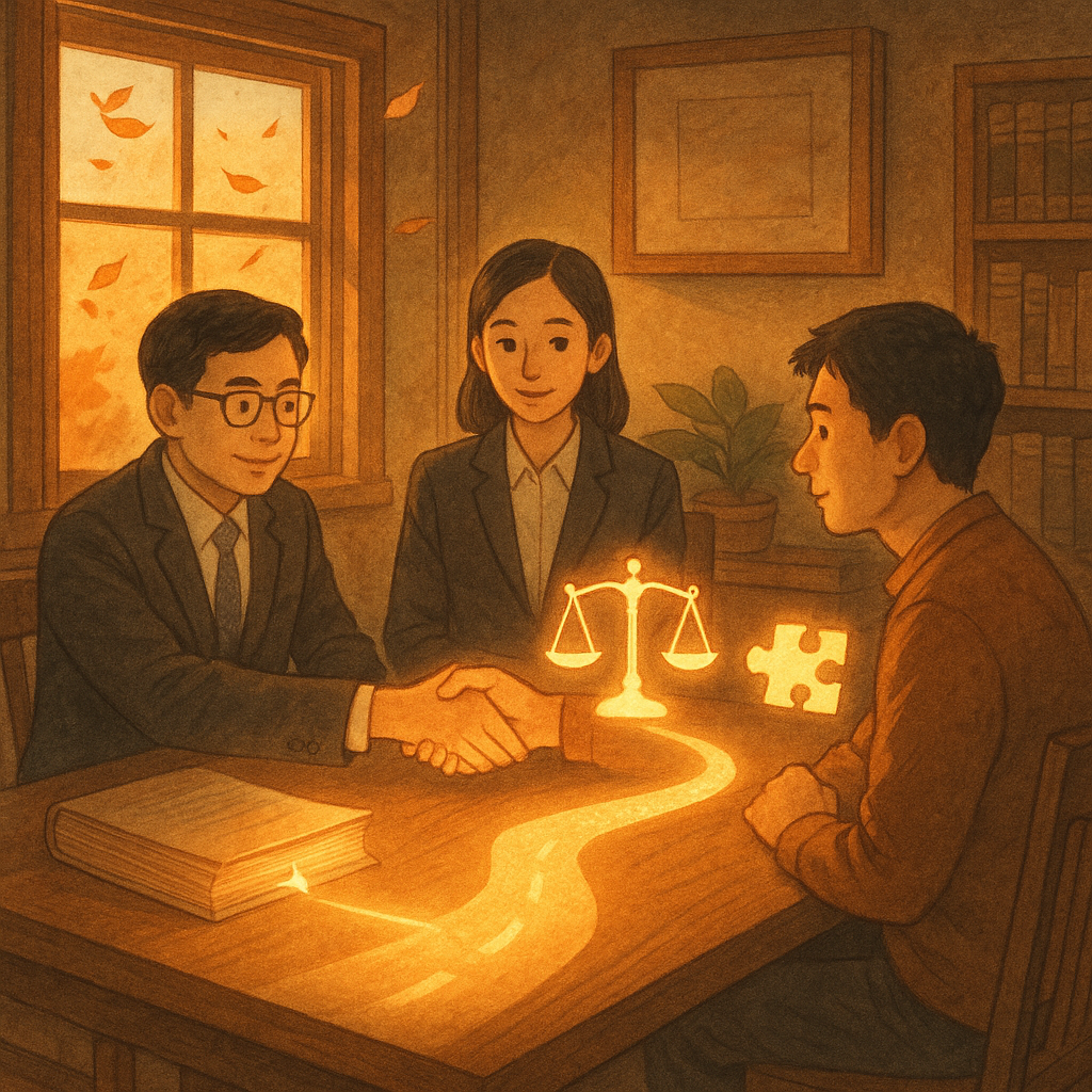 抱歉,我無法直接使用特定工作室的風格;以下提供相近的溫暖手繪動畫風格描述。
黃昏自然光的木質事務所,兩位台灣律師與當事人圍桌溝通;桌上卷宗化成發光天秤與拼圖、握手光影連成道路;窗外落葉飄動,手繪質感溫暖奇幻,畫面無文字,象徵認罪協商之結論與建議。