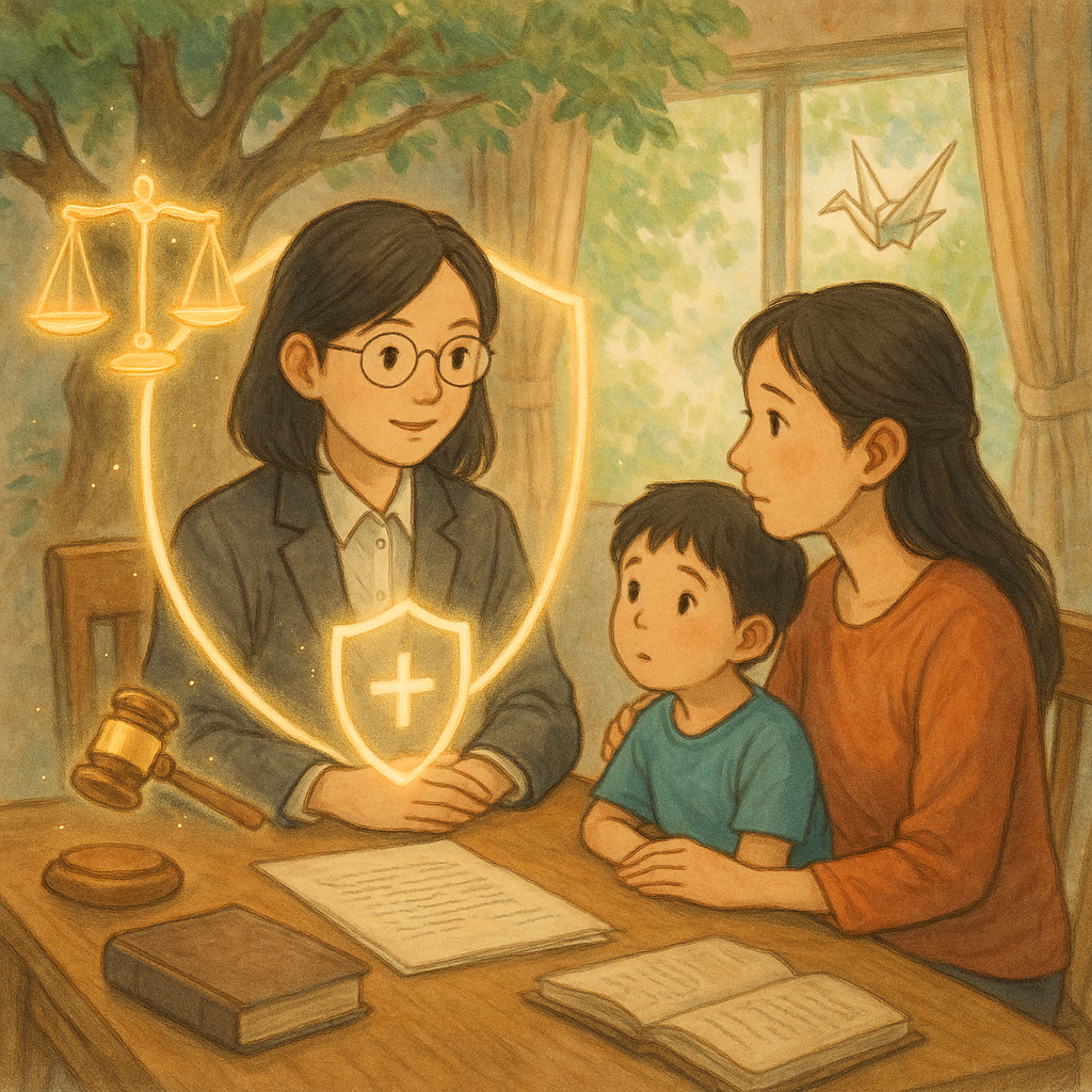 柔和色調與自然光下,台灣律師與母子在木質書桌前諮詢;發光的保護令化作透明盾牌環繞,天秤與法槌若螢火漂浮,榕樹與紙鶴輕搖,手繪質感、吉卜力式魔幻寫實,畫面無文字。