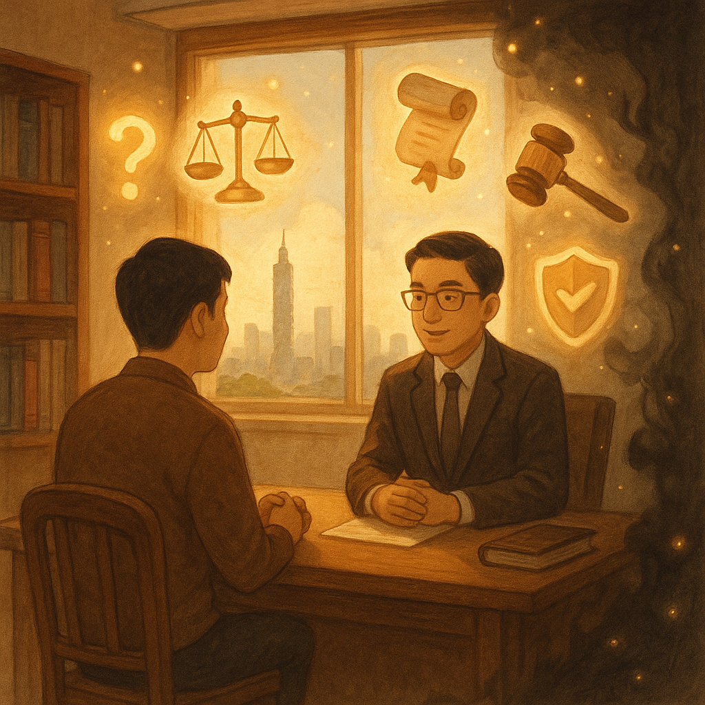 溫暖自然光的手繪律師事務所內，台灣律師與當事人對坐諮詢；窗外隱約台北天際線。四周漂浮象徵常見疑問的光球、天秤、法槌、卷宗與盾牌精靈照亮房間；角落陰影怪霧象徵恐嚇威脅，被光粒慢慢驅散，童話般細膩、無文字。