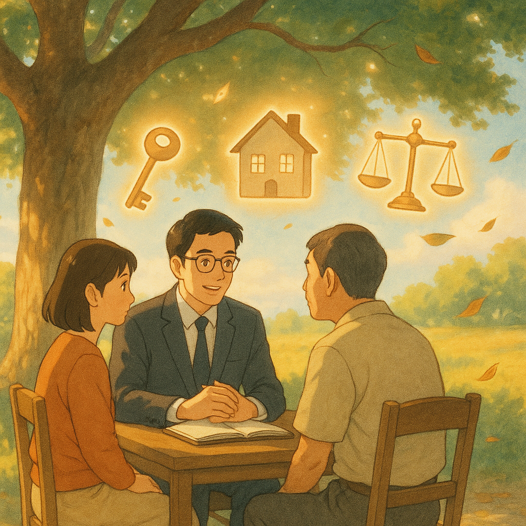 吉卜力風溫暖高解析度插畫：台灣律師與民眾在陽光樹下諮詢，手邊漂浮鑰匙、房屋、契約卷軸與天秤等象徵所有權的光影圖像；柔和色彩、手繪質感與自然光，微風落葉營造魔幻而專業、電影感的結論氛圍，畫面無文字。